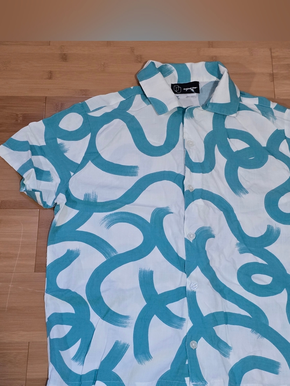 Original Use Teal White Abstract Collar Swirl Casual Button Up Rayon Shirt Men M